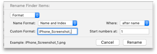Rename Finder Items, "Format" options